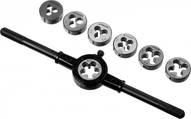 Набор плашек STAYER "MASTER", плашкодержатель 1шт, плашки 7шт, 8 предметов,  ( 28015-H8_z01 ) Набор плашек STAYER "MASTER", плашкодержатель 1шт, плашки 7шт, 8 предметов,  ( 28015-H8_z01 )