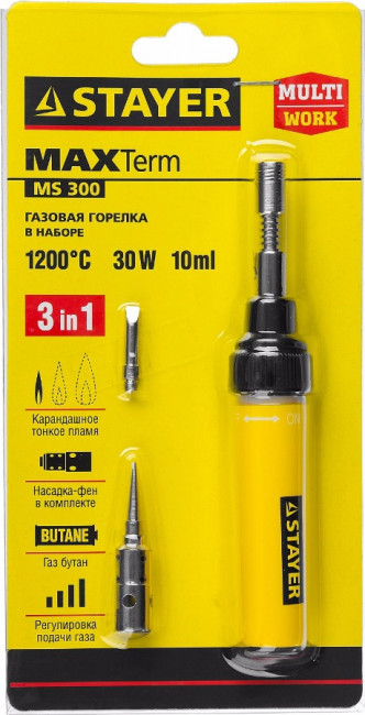 Газовая горелка STAYER "MASTER", 3в1, регулировка пламени, 2 насадки, 1200С,  ( 55506-H4 )