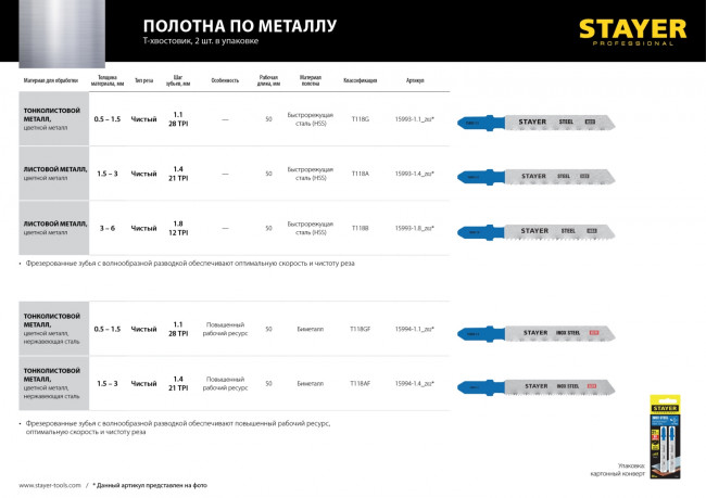 Полотна STAYER, T118AF, для эл/лобзика, Bi-Metall, по металлу (1,5-3мм), T-хвост., шаг 1,4мм, 50мм, 2шт ( 15994-1.4_z02 ) Полотна STAYER, T118AF, для эл/лобзика, Bi-Metall, по металлу (1,5-3мм), T-хвост., шаг 1,4мм, 50мм, 2шт ( 15994-1.4_z02 )