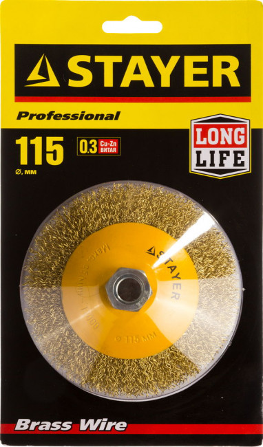 STAYER "PROFESSIONAL". Щетка коническая для УШМ, витая стальная латунированная проволока 0,3мм, 115ммхМ14, ( 35133-115 ) STAYER "PROFESSIONAL". Щетка коническая для УШМ, витая стальная латунированная проволока 0,3мм, 115ммхМ14, ( 35133-115 )