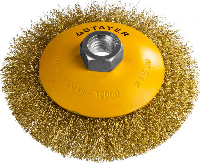 STAYER "PROFESSIONAL". Щетка коническая для УШМ, витая стальная латунированная проволока 0,3мм, 115ммхМ14, ( 35133-115 ) STAYER "PROFESSIONAL". Щетка коническая для УШМ, витая стальная латунированная проволока 0,3мм, 115ммхМ14, ( 35133-115 )