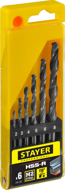 Набор сверл по металлу 6 шт (d=2-8 мм), HSS-R, сталь М2(S6-5-2), STAYER Professional 29602-H6, DIN 338 ( 29602-H6_z01 ) Набор сверл по металлу 6 шт (d=2-8 мм), HSS-R, сталь М2(S6-5-2), STAYER Professional 29602-H6, DIN 338 ( 29602-H6_z01 )