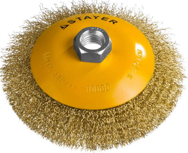 STAYER "PROFESSIONAL". Щетка коническая для УШМ, витая стальная латунированная проволока 0,3мм, 125ммхМ14, ( 35133-125 ) STAYER "PROFESSIONAL". Щетка коническая для УШМ, витая стальная латунированная проволока 0,3мм, 125ммхМ14, ( 35133-125 )