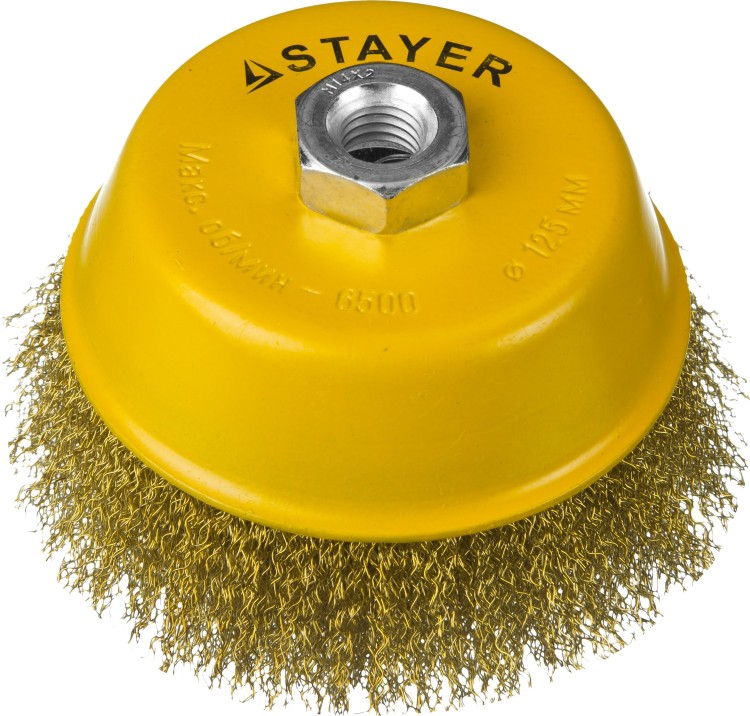 STAYER "PROFESSIONAL". Щетка чашечная для УШМ, витая стальная латунированная проволока 0,3мм, 125ммхМ14,  ( 35125-125 )
