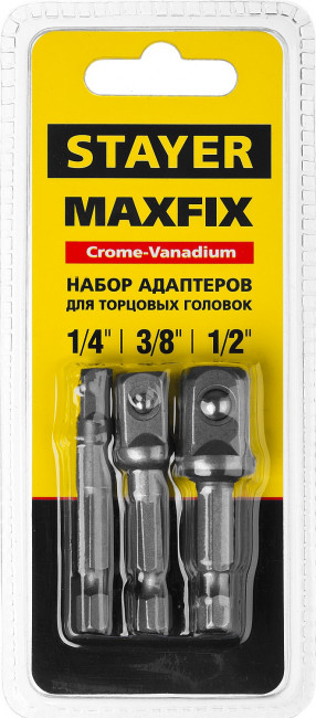 Набор STAYER MASTER "MAXFIX": Адаптеры для торцовых головок, сталь 40Cr, 3 предмета E1/4-1/4", E1/4-3/8", E1/4-1/2", 50 мм,  ( 26656-H3 ) Набор STAYER MASTER "MAXFIX": Адаптеры для торцовых головок, сталь 40Cr, 3 предмета E1/4-1/4", E1/4-3/8", E1/4-1/2", 50 мм,  ( 26656-H3 )