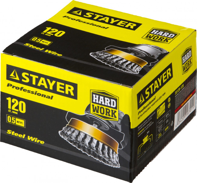 STAYER "PROFESSIONAL". Щетка чашечная для УШМ, жгутированная стальная проволока 0,5мм, 120ммхМ14, ( 35128-120 ) STAYER "PROFESSIONAL". Щетка чашечная для УШМ, жгутированная стальная проволока 0,5мм, 120ммхМ14, ( 35128-120 )