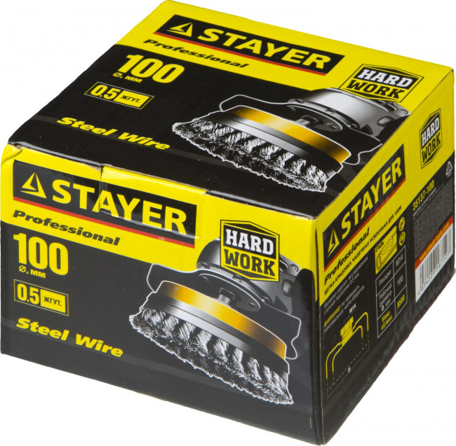 STAYER "PROFESSIONAL". Щетка чашечная усиленная для УШМ, жгутированная стальная проволока 0,5мм, 100ммхМ14, ( 35137-100 ) STAYER "PROFESSIONAL". Щетка чашечная усиленная для УШМ, жгутированная стальная проволока 0,5мм, 100ммхМ14, ( 35137-100 )