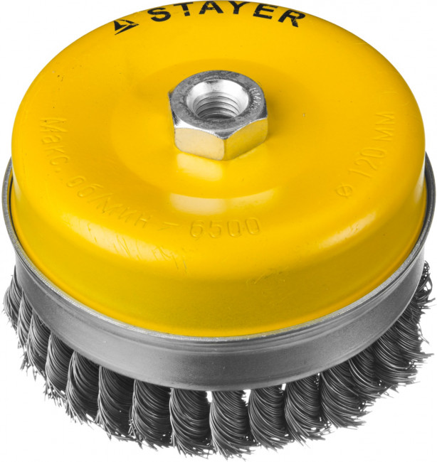 STAYER "PROFESSIONAL". Щетка чашечная усиленная для УШМ, жгутированная стальная проволока 0,5мм, 120ммхМ14, ( 35137-120 ) STAYER "PROFESSIONAL". Щетка чашечная усиленная для УШМ, жгутированная стальная проволока 0,5мм, 120ммхМ14, ( 35137-120 )