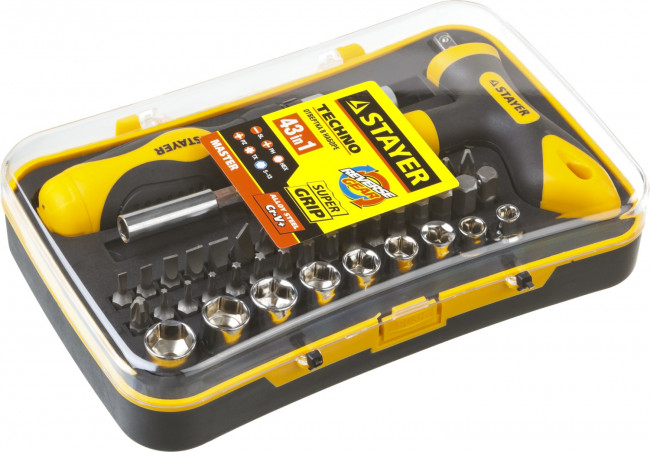 Набор STAYER "MASTER" "HERCULES": Отвертка реверсивная, Т-образная отвертка-битодержатель, адаптер для торц голов, 43 предм,  ( 25084-H43 ) Набор STAYER "MASTER" "HERCULES": Отвертка реверсивная, Т-образная отвертка-битодержатель, адаптер для торц голов, 43 предм,  ( 25084-H43 )