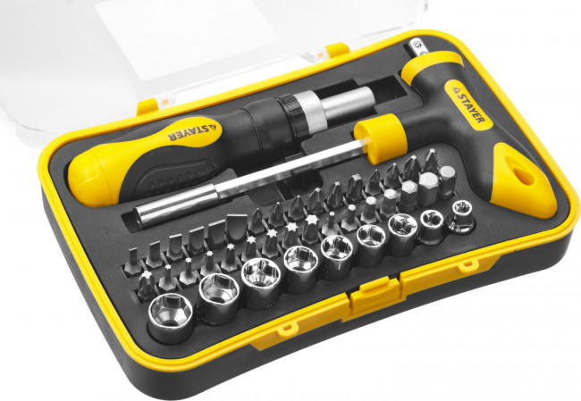 Набор STAYER "MASTER" "HERCULES": Отвертка реверсивная, Т-образная отвертка-битодержатель, адаптер для торц голов, 43 предм,  ( 25084-H43 ) Набор STAYER "MASTER" "HERCULES": Отвертка реверсивная, Т-образная отвертка-битодержатель, адаптер для торц голов, 43 предм,  ( 25084-H43 )