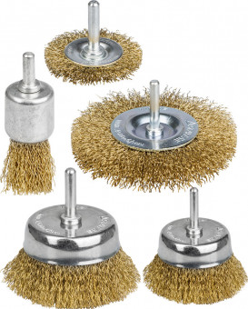STAYER "PROFESSIONAL". Набор щеток-крацовок для дрели, витая стальная латунированная проволока 0,3мм, диск. 50,75мм, чаш. 50,75мм, кист. 25мм, 5шт,  ( 35157-H5_z01 )