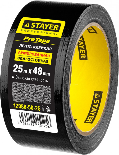 Армированная лента, STAYER Professional 12086-50-25, универсальная, влагостойкая, 48мм х 25м, черная,  ( 12086-50-25 )