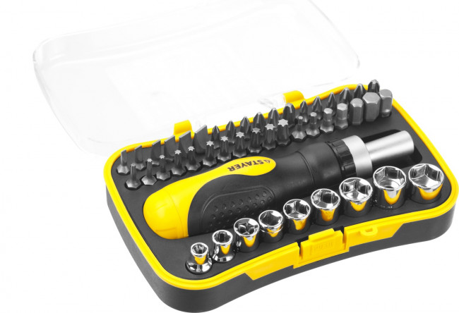 Набор STAYER "MASTER" "HERCULES": Отвертки, реверс отвертка, биты 35шт, адаптер для торц голов, торц голов 9шт, 46 предм,  ( 25084-H46 ) Набор STAYER "MASTER" "HERCULES": Отвертки, реверс отвертка, биты 35шт, адаптер для торц голов, торц голов 9шт, 46 предм,  ( 25084-H46 )