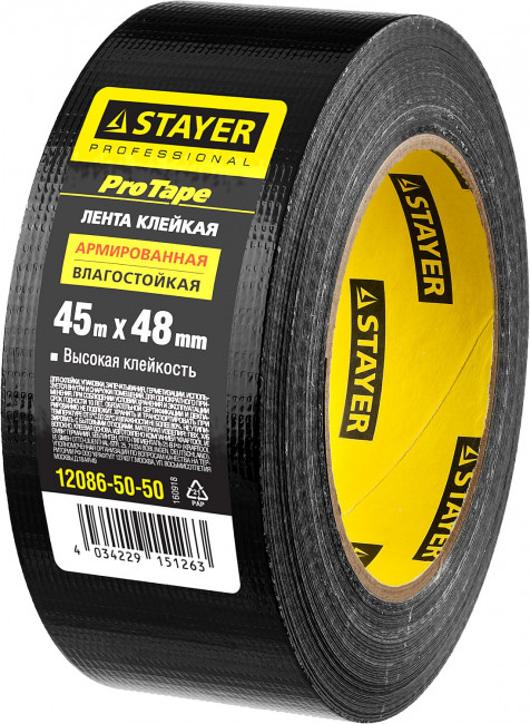 Армированная лента, STAYER Professional 12086-50-50, универсальная, влагостойкая, 48мм х 45м, черная,  ( 12086-50-50 )