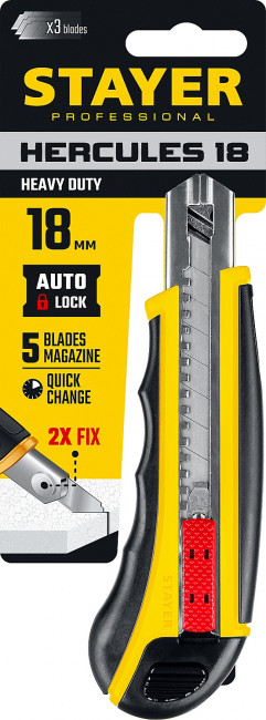 Нож с автозаменой и автостопом с доп. фиксатором HERCULES-18, 3 сегмент. лезвия 18 мм, STAYER ( 09165_z01 )