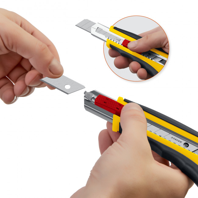 Нож с автозаменой и автостопом с доп. фиксатором HERCULES-18, 3 сегмент. лезвия 18 мм, STAYER ( 09165_z01 )