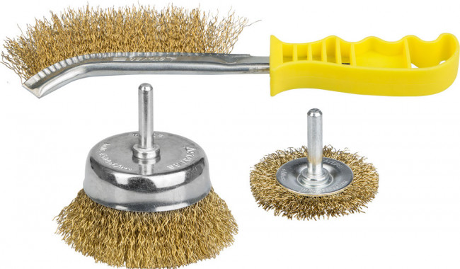 STAYER "PROFESSIONAL". Набор щеток-крацовок, витая стальная латунированная проволока 0,3мм, дисковая 50мм, чашечная 75мм, ручная, 3шт,  ( 35151-H3_z01 )