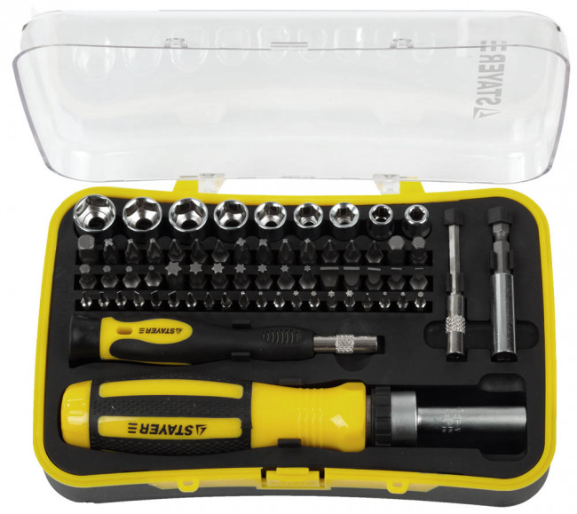 Набор STAYER "MASTER": Отвертка реверсивная с эргономичной ручкой, с насадками, в пластмассовом боксе, 65 предметов,  ( 25310-H65 ) Набор STAYER "MASTER": Отвертка реверсивная с эргономичной ручкой, с насадками, в пластмассовом боксе, 65 предметов,  ( 25310-H65 )