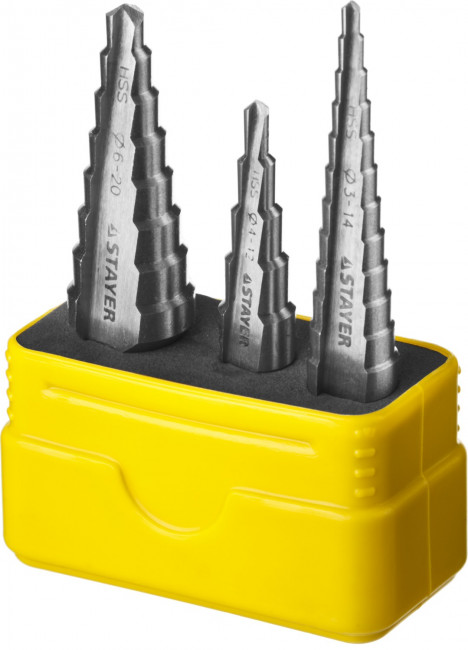 Набор STAYER "MASTER": Ступенчатые сверла по сталям и цвет.мет., сталь HSS, d=3-14мм,12ступ. d 4-12 мм 5 ступ., d 6-20мм 8ступ.,  ( 29660-3-20-H3 ) Набор STAYER "MASTER": Ступенчатые сверла по сталям и цвет.мет., сталь HSS, d=3-14мм,12ступ. d 4-12 мм 5 ступ., d 6-20мм 8ступ.,  ( 29660-3-20-H3 )