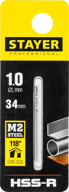 Сверло по металлу HSS-R, сталь М2(S6-5-2), STAYER Professional 29602-1, DIN 338, d=1,0 мм ( 29602-1 ) Сверло по металлу HSS-R, сталь М2(S6-5-2), STAYER Professional 29602-1, DIN 338, d=1,0 мм ( 29602-1 )