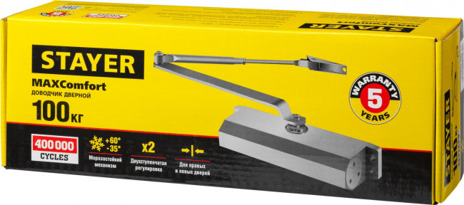 Доводчик дверной STAYER, для дверей массой до 100 кг, цвет серебро,  ( 37915-100 ) Доводчик дверной STAYER, для дверей массой до 100 кг, цвет серебро,  ( 37915-100 )