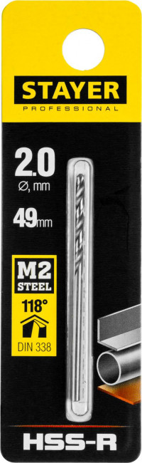 Сверло по металлу HSS-R, сталь М2(S6-5-2), STAYER Professional 29602-2, DIN 338, d=2,0 мм ( 29602-2 ) Сверло по металлу HSS-R, сталь М2(S6-5-2), STAYER Professional 29602-2, DIN 338, d=2,0 мм ( 29602-2 )