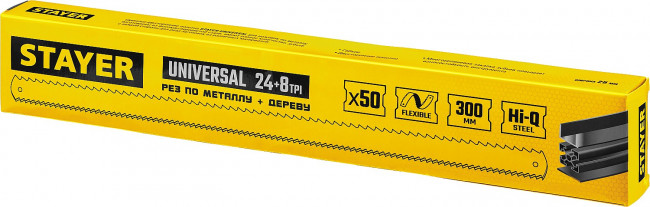 Универсальное двустороннее широкое полотно по дереву и металлу: 8 + 24 TPI , Инструментал сталь, 25 х 300 мм, 1 шт, коробка 50 шт, STAYER Universal ( 1591_z01 )