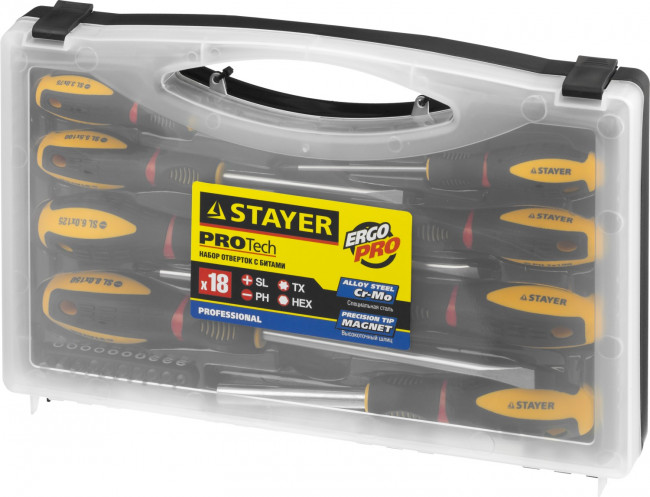 Набор STAYER "PROFESSIONAL" "PROTech": Отвертки, Cr-Mo, двухком рукоят, отвертки 7шт, отвертка-битодержатель, биты 10шт,  ( 25133-H8_z02 ) Набор STAYER "PROFESSIONAL" "PROTech": Отвертки, Cr-Mo, двухком рукоят, отвертки 7шт, отвертка-битодержатель, биты 10шт,  ( 25133-H8_z02 )