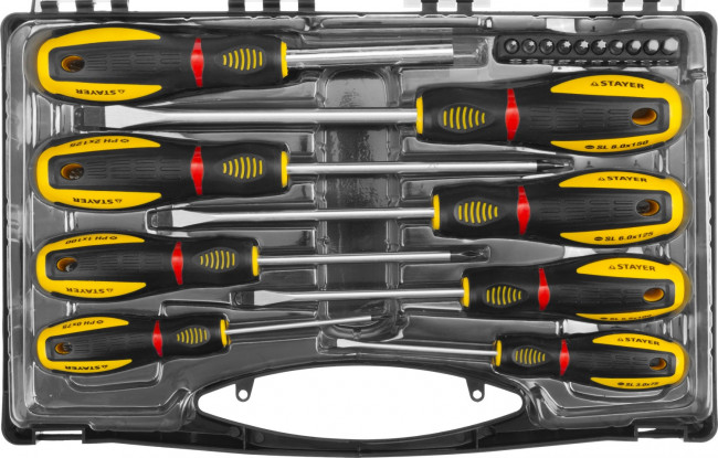 Набор STAYER "PROFESSIONAL" "PROTech": Отвертки, Cr-Mo, двухком рукоят, отвертки 7шт, отвертка-битодержатель, биты 10шт,  ( 25133-H8_z02 ) Набор STAYER "PROFESSIONAL" "PROTech": Отвертки, Cr-Mo, двухком рукоят, отвертки 7шт, отвертка-битодержатель, биты 10шт,  ( 25133-H8_z02 )