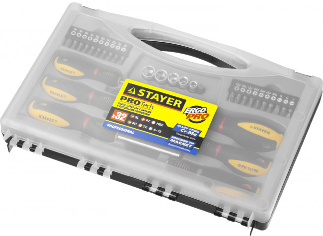 Набор STAYER "PROFESSIONAL" "PROTech": Отвертки, Cr-Mo, двухкомп рукоятка, намагниченные, 32 предмета, в кейсе,  ( 25134-H18_z01 ) Набор STAYER "PROFESSIONAL" "PROTech": Отвертки, Cr-Mo, двухкомп рукоятка, намагниченные, 32 предмета, в кейсе,  ( 25134-H18_z01 )