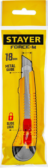 Нож упрочненный с метал. направляющей и сдвижным фиксатором FORCE-M, сегмент. лезвия 18 мм, STAYER ( 0913_z01 )