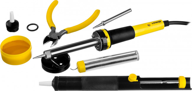 Набор STAYER "PROFI" для паяльных работ, паяльник 55300 + подставка + припой + жало сменное + шприц + насадка на жало + канифоль + кусачки, 60 Вт,  ( 55314-60-H8 ) Набор STAYER "PROFI" для паяльных работ, паяльник 55300 + подставка + припой + жало сменное + шприц + насадка на жало + канифоль + кусачки, 60 Вт,  ( 55314-60-H8 )