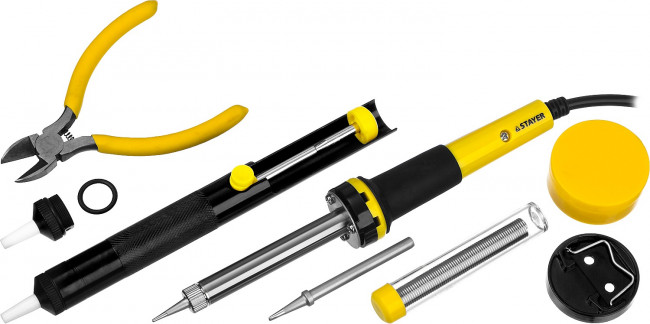 Набор STAYER "PROFI" для паяльных работ, паяльник 55300 + подставка + припой + жало сменное + шприц + насадка на жало + канифоль + кусачки, 60 Вт,  ( 55314-60-H8 ) Набор STAYER "PROFI" для паяльных работ, паяльник 55300 + подставка + припой + жало сменное + шприц + насадка на жало + канифоль + кусачки, 60 Вт,  ( 55314-60-H8 )