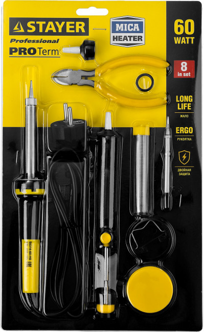 Набор STAYER "PROFI" для паяльных работ, паяльник 55300 + подставка + припой + жало сменное + шприц + насадка на жало + канифоль + кусачки, 60 Вт,  ( 55314-60-H8 ) Набор STAYER "PROFI" для паяльных работ, паяльник 55300 + подставка + припой + жало сменное + шприц + насадка на жало + канифоль + кусачки, 60 Вт,  ( 55314-60-H8 )