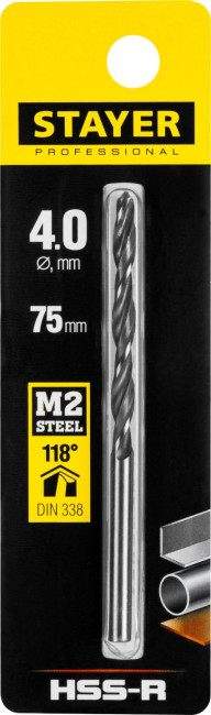 Сверло по металлу HSS-R, сталь М2(S6-5-2), STAYER Professional 29602-4, DIN 338, d=4,0 мм ( 29602-4 ) Сверло по металлу HSS-R, сталь М2(S6-5-2), STAYER Professional 29602-4, DIN 338, d=4,0 мм ( 29602-4 )