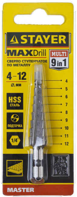 Сверло STAYER "MASTER" ступенчатое по сталям и цвет.мет., сталь HSS, d=4-12мм, 9ступ.d 4-12, L- 65 мм,шестигран. хвост.1/4", ( 29660-4-12-9 ) Сверло STAYER "MASTER" ступенчатое по сталям и цвет.мет., сталь HSS, d=4-12мм, 9ступ.d 4-12, L- 65 мм,шестигран. хвост.1/4", ( 29660-4-12-9 )