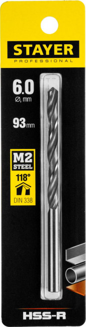Сверло по металлу HSS-R, сталь М2(S6-5-2), STAYER Professional 29602-6, DIN 338, d=6,0 мм ( 29602-6 )